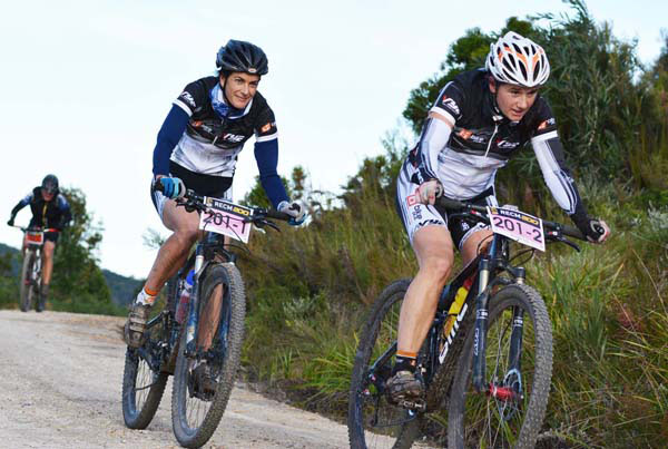 Women’s race leaders Lindsey Chicken (left) and Judy Scheepers of Bikeplus en route to victory on day two of the three-day RECM Knysna 200 on Saturday.  Photo: Full Stop Communications