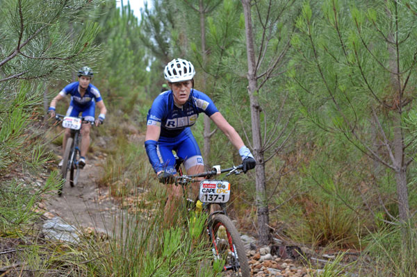 Riding as Team RBS, pictured from front, Theresa Ralph and Jeannie Dreyer descend Lebanon's singletrack on stage 1 of the 2015 ABSA Cape Epic. Photo: Dino Lloyd/TreadMTB.co.za