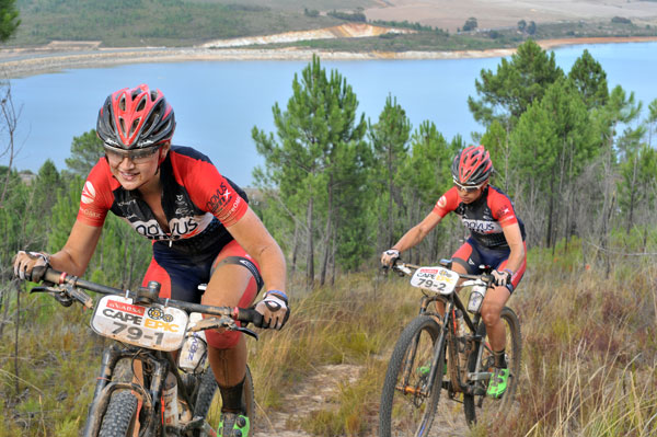 Pictured front, Mariske Strauss and Cherie Vale of Team Novus OMX Pro, during stage 3 of the 2015 ABSA Cape Epic. Photo: Dino Lloyd/TreadMTB.co.za