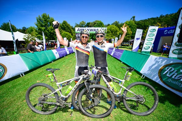 Karl Platt (left) and Tim Bohme of Team Bulls celebrate their dominant victory at the 2016 Fairview Attakwas Extreme Mountain Bike Challenge in South Africa on Saturday.  Photo: www.zooncronje.com