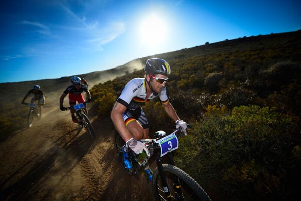 Karl Platt of Team Bulls leads the front group down a descent at the 2016 Fairview Attakwas Extreme Mountain Bike Challenge in South Africa on Saturday. Photo: www.zooncronje.com