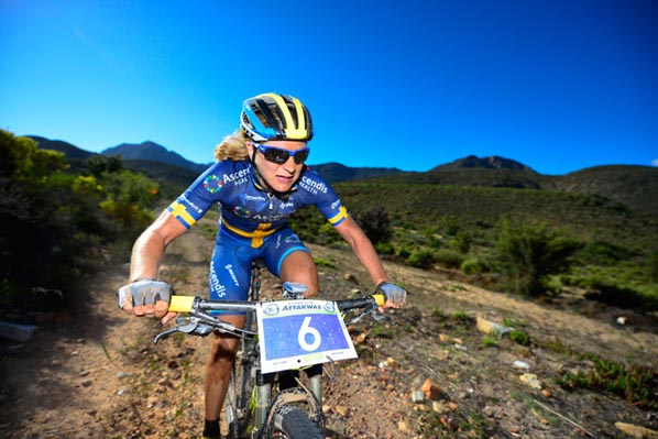 Swedish champion, Jennie Stenerhag, led for the most of the first half of the 2016 Fairview Attakwas Extreme Mountain Bike Challenge in South Africa on Saturday. Photo: www.zooncronje.com