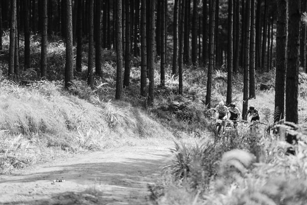 Karl Platt, Urs Hurber and Max Knox forming the lead pack of the Ultra Marathon elite men at Sabie.  Photo: ZC Marketing Consulting