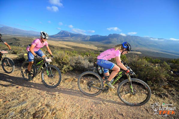 Stage winners and women’s category leaders Sweden’s Jennie Stenerhag (right) and South African Robyn de Groot of Ascendis Health during Stage 2 of the DUTOIT Tankwa Trek international mountain bike stage race in South Africa on Saturday. Photo: www.zooncronje.com