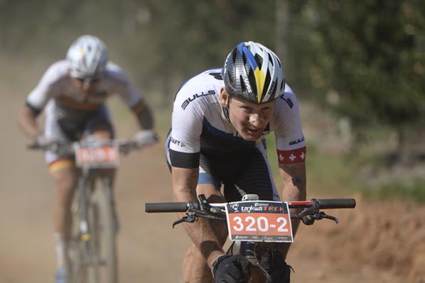 Switzerland’s Urs Huber leads his German teammate, Karl Platt of Team Bulls 1 on their way to winning Stage 1 of the DUTOIT Tankwa Trek international mountain bike stage race in the Koue Bokkeveld region of the Western Cape on Friday. Photo: www.zooncronje.com