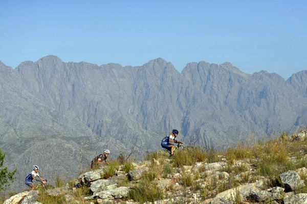 Swedish champion, Jennie Stenerhag of Ascendis Health, leads riders over rocky ridge above the Witzenberg Valley during Stage 1 of the DUTOIT Tankwa Trek international mountain bike stage race in the Koue Bokkeveld region of the Western Cape on Friday. Photo: www.zooncronje.com