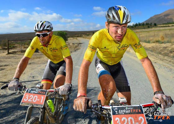 Germany’s Karl Platt (left) and Switzerland’s Urs Huber of Team Bulls 1 finished second on the stage but retained their overall lead on Stage 2 of the DUTOIT Tankwa Trek international mountain bike stage race in South Africa on Saturday. Photo: www.zooncronje.com