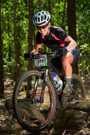 Andrea de Boer enjoying her race onto the women's podium at the Sappi Howick MTB Classic & Enduro. Photo: Anthony Grote/ Gameplan Media