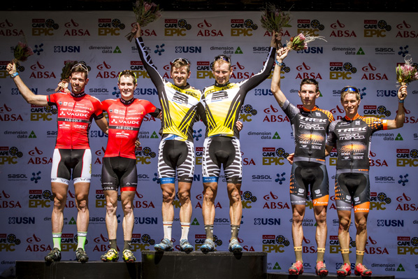 Karl Platt and Urs Huber of Team Bulls 1 take the prologue win during the 2016 Absa Cape Epic Mountain Bike stage race held at Meerendal Wine Estate in Durbanville, South Africa on the 13th March 2016 Photo by Nick Muzik/Cape Epic/SPORTZPICS