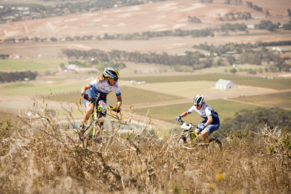 Jennie Stenerhag (front) Robyn de Groot (Rear) todays winning ladies during the Prologue of the 2016 Absa Cape Epic Mountain Bike stage race held at Meerendal Wine Estate in Durbanville, South Africa on the 13th March 2016 Photo by Sam Clark/Cape Epic/SPORTZPICS