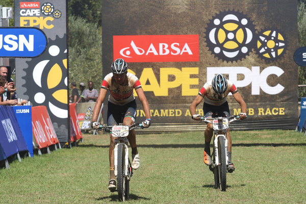 Tiago Jorge Ferreira Oliveira and Periklis Ilias of  of Dolomiti Superbike finish in third place during stage 1 of the 2016 Absa Cape Epic Mountain Bike stage race held from Saronsberg Wine Estate in Tulbagh, South Africa on the 14th March 2016 Photo by Shaun Roy/Cape Epic/SPORTZPICS PLEASE ENSURE THE APPROPRIATE CREDIT IS GIVEN TO THE PHOTOGRAPHER AND SPORTZPICS ALONG WITH THE ABSA CAPE EPIC {ace2016}