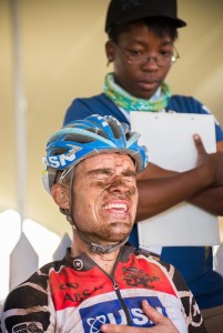 Darren Lill in the hospitality tent at the finish of stage 2. Photo by Emma Hill/Cape Epic/SPORTZPICS 