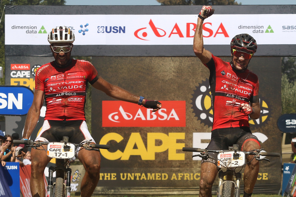 Nicola Rohrbach and Matthias Pfommer of Centurion Vaude by Meerendal 2 celebrate winning stage 2 during stage 2 of the 2016 Absa Cape Epic Mountain Bike stage race from Saronsberg Wine Estate in Tulbagh, South Africa on the 15th March 2016 Photo by Shaun Roy/Cape Epic/SPORTZPICS 