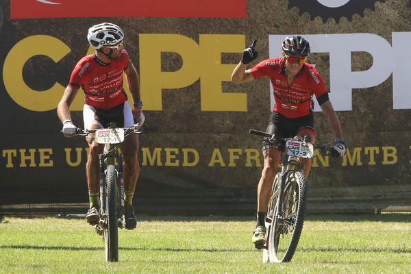 Nicola Rohrbach and Matthias Pfommer of Centurion Vaude by Meerendal 2 celebratee finishing in second place during stage 3 of the 2016 Absa Cape Epic Mountain Bike stage race held from Saronsberg Wine Estate in Tulbagh to the Cape Peninsula University of Technology in Wellington, South Africa on the 16th March 2016 Photo by Shaun Roy/Cape Epic/SPORTZPICS