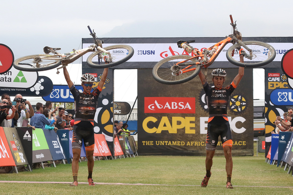 Samuele Porro and Damiano Ferraro of Trek-Selle San Marco A celebrate winning stage 4 during stage 4 of the 2016 Absa Cape Epic Mountain Bike stage race from the Cape Peninsula University of Technology in Wellington, South Africa on the 17th March 2016 Photo by Shaun Roy/Cape Epic/SPORTZPICS 