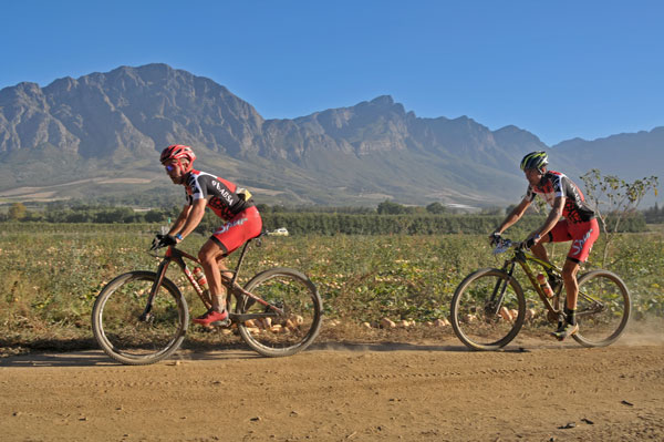 James Reid (Specialized) and Gert Heyns (Scott) of Team Spur during stage 1 of the 2016 Absa Cape Epic Mountain Bike stage race held from Saronsberg Wine Estate in Tulbagh, South Africa on the 14th March 2016 Photo by Dino Lloyd/TreadMTB.co.za