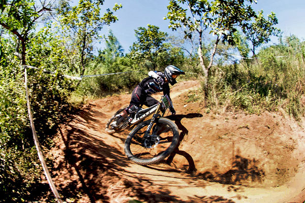 Elite Men downhill rider from KwaZulu-Natal Jonathan Philogene (2 Bro's Racing) descended the ultra steep course in 01:35.43 to take the overall men's victory at round two of the SA Downhill Cup Series at Giba Gorge MTB Park near Pinetown on Sunday 27 March. Photo: Andrew McFadden