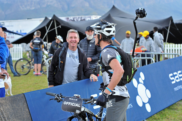 Stefan Sahm with the 360 degree GoPro camera setup on the Bulls e-bike at the start of stage 3 at the 2016 ABSA Cape Epic. Photo: Dino Lloyd