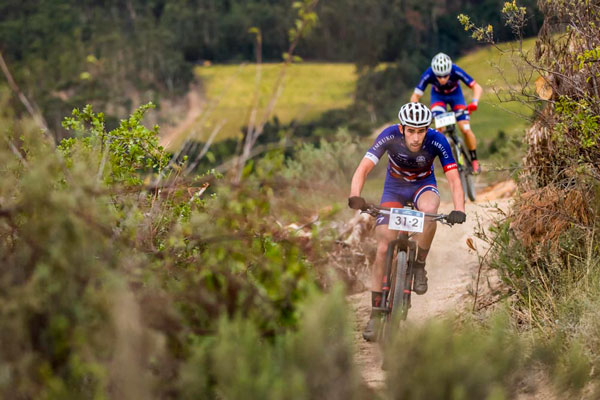 Craig Boyes of Imbuko-Freewheel Cycology lead the field during the final stage of the 2016 Liberty Winelands MTB Encounter on Saturday. Photo: Ewald Sadie