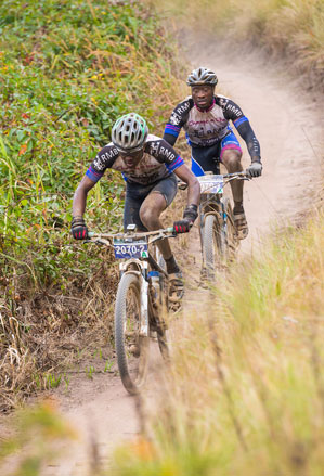 Sipho Kupiso (front) and Ndumiso Dontso (back), together with the rest of their Martin Dreyer's RMB Change a Life MTB Academy team mates, will learn many lessons both in and out of the saddle come the Race event of the 2016 KAP sani2c from Underberg to Scottburgh between 12-14 May. Photo: Anthony Grote/Gameplan Media