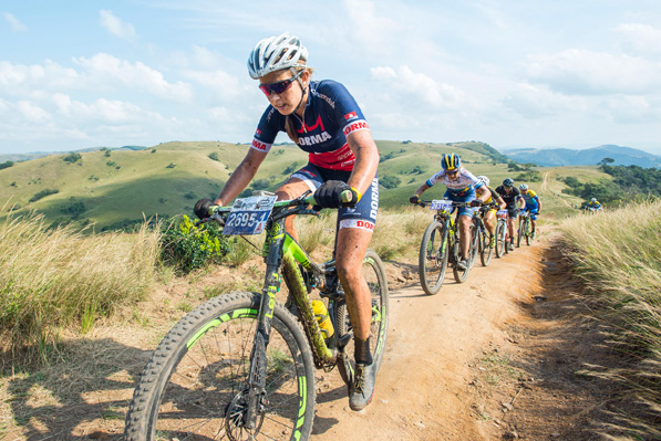 Dorma Time Freight's Candice Neethling powers at the front of the leading ladies group during the third and final stage of the 2016 KAP sani2c on Saturday. Photo: Anthony Grote/Gameplan Media