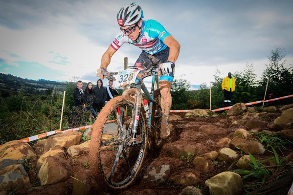 Austrian Gregor Raggl (Haibike Otzal Pro Team) commanded the race and displayed his skill in muddy conditions with an assertive victory in the Elite Men's XCO race at the 2016 Pietermaritzburg MTB Festival at Cascades MTB Park on Saturday 30 April.  Photo: Darren Goddard