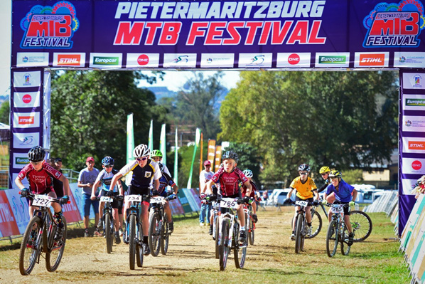 The Sprog category leaps off the start line during the KwaZulu-Natal Schools Challenge at the 2016 Pietermaritzburg MTB Festival at Cascades MTB Park on Monday 2 May.  Photo: Darren Goddard