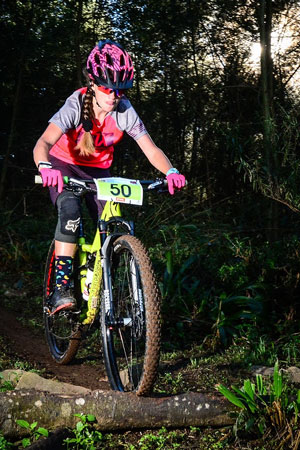 Women’s race winner and local trail shredder, Sabine “Beani” Thies during the Enduro at the 2016 Pietermaritzburg MTB Festival at Cascades MTB Park on Monday 2 May.  Photo: Darren Goddard