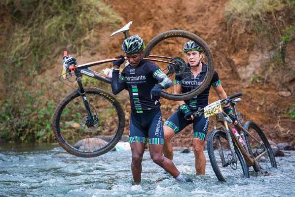 Following some early trouble the Merchants pair of John Ntuli and Jeannie Dreyer made up good time to end second in the mixed category on stage one of the 2016 BSi Steel dusi2c from Camps Drift in Pietermaritzburg to Mfula Store on Saturday. Photo: Anthony Grote/Gameplan Media