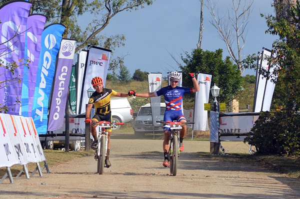 Dylan Rebello (left) and Chris Wolhuter of Imbuko-Freewheel Cycology won stage one of the 2016 PwC Great Zuurberg Trek. Photo: Full Stop Communications