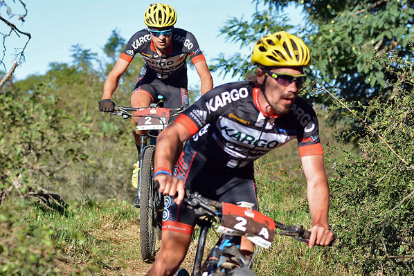 Marco Joubert leads Kargo Pro team-mate Jurgens Uys on the third and final stage of the 2016 PwC Great Zuurberg Trek. Photo: Full Stop Communications