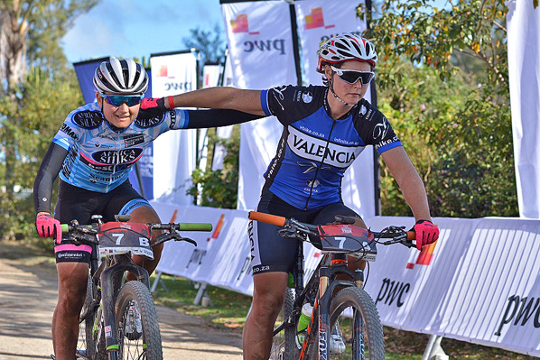 Anriette Schoeman (left) and Samantha Sanders of Africa Silks-Valencia win the women’s section of the 2016 PwC Great Zuurberg Trek. Photo: Full Stop Communications