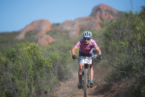 Britain’s Catherine Williamson, pictured here in the leader’s jerseys in 2015, will be back for another shot at the women’s title at the 2016 Cape Pioneer Trek international mountain bike stage race. Photo: zcmc.co.za