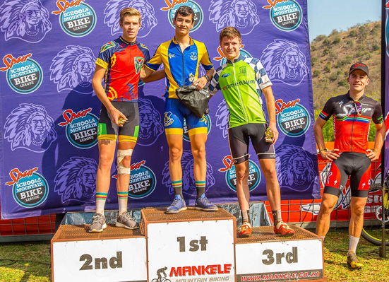 Ryan Terry of Uplands College (2nd junior men), Jeandre Gautier of HTS Witbank (1st junior men), Emile Fourie of Curro Nelspruit (3rd junior men) with Olympian James Reid. Photo: Bev Corser