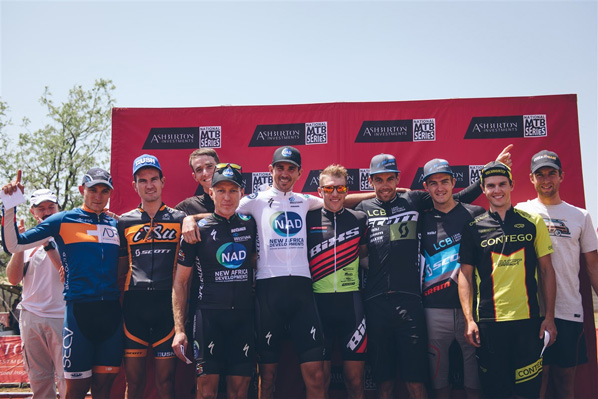 The elite men podium (from left to right) Lourens Luus, Guylin van den Berg, James Ross-Marsh, Gawie Combrinck, Nico Bell, Konny Looser, Philip Buys, Arno du Toit, Adrian Louw, Timothy Hammond. Photo: www.zcmc.co.za