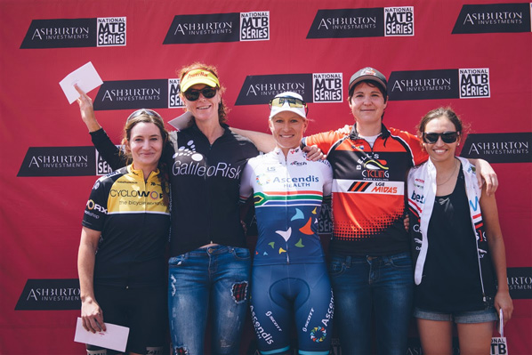 The elite women podium (from left to right) Auralia Edwards, Theresa Ralph, Robyn de Groot, Vanessa Bell, Nina Sender. Photo: www.zcmc.co.za