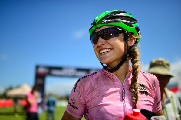 Mariske Strauss (pictured) and teammate, Cherie Redecker, were all smiles after winning another stage and extending their overall lead on Stage 3 of the 2016 Cape Pioneer Trek international mountain bike stage race in George, South Africa on Wednesday. Photo: www.zcmc.co.za