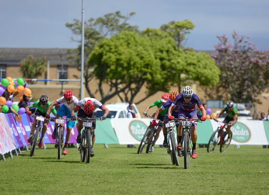 The shorter stages ensure more intense racing and close finishes, including this group gallop at the end of Stage 3 of the 2016 Cape Pioneer Trek international mountain bike stage race in George, South Africa on Wednesday. Photo: www.zcmc.co.za