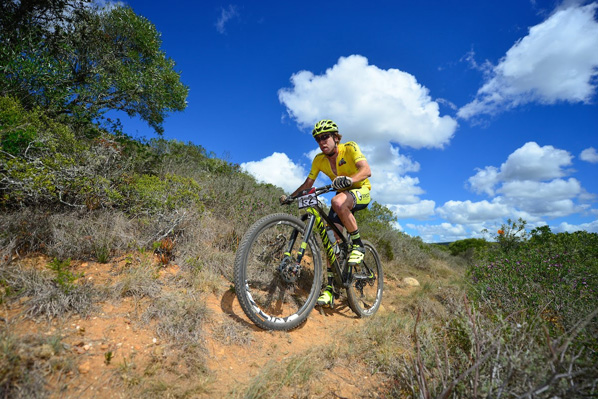 Race leader, Erik Kleinhans, struggled through the stage to finish 10th with teammate Matt Beers, losing their overall lead on Stage 1 of the Cape Pioneer Trek international mountain bike stage race in Mossel Bay, South Africa on Monday. Photo: www.zcmc.co.za