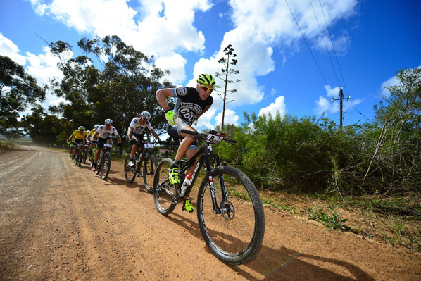 Swiss rider, Konny Looser drove the early pace hard. He and German teammate, Daniel Gathof (Team CBC) finished third on Stage 1 of the Cape Pioneer Trek international mountain bike stage race in Mossel Bay, South Africa on Monday. Photo: www.zcmc.co.za