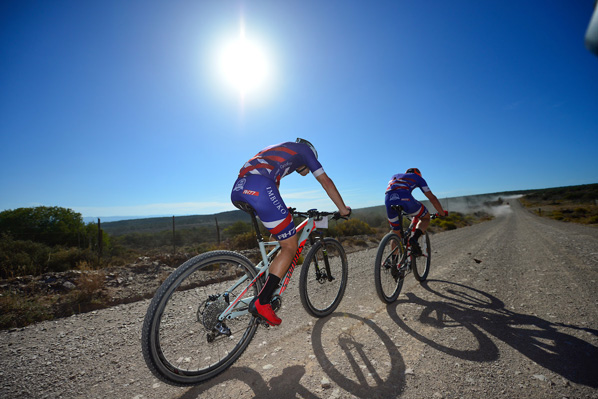 Chris Wolhuter (back) and Dylan Rebello mounted an early attack during Stage 4 of the Cape Pioneer Trek international mountain bike stage race in South Africa on Friday. Photo: www.zcmc.co.za