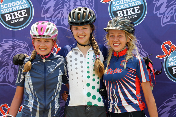 Sub junior girls champion Beani Thies of Wartburg Kirchdorf School with Kaylin Gombos of Transvalia second and Jone van Eeden of Potchefstroom Gimnasium third. Photo supplied.