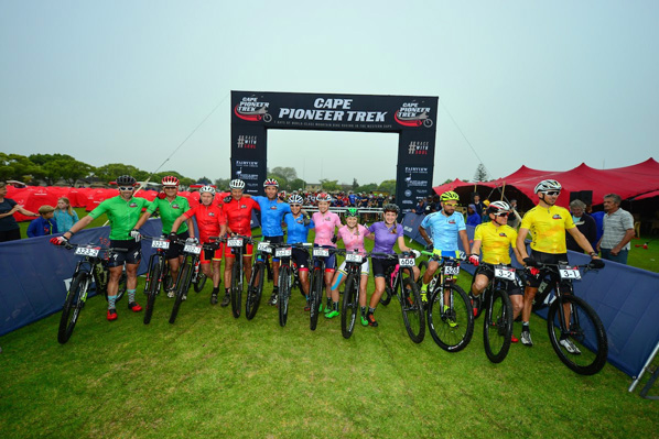 The category leaders pose for the media prior to the start of Stage 4 of the Cape Pioneer Trek international mountain bike stage race in South Africa on Thursday. Photo: www.zcmc.co.za