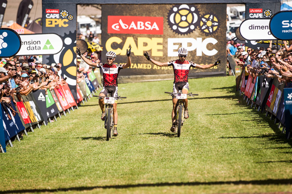 Matthys Beukes and Philip Buys of Scott Factory Racing win the African Leaders Jersey during the final stage (stage 7) of the 2015 Absa Cape Epic Mountain Bike stage race from the Cape Peninsula University of Technology in Wellington to Meerendal Wine Estate in Durbanville, South Africa on the 22 March 2015. Photo: Nick Muzik/Cape Epic/SPORTZPICS