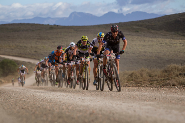 Erik Kleinhans of RECM leads the bunch during stage 3 of the 2014 Absa Cape Epic Mountain Bike stage race held from Arabella Wines in Robertson to The Oaks Estate in Greyton, South Africa on the 26 March 2014 Photo by Nick Muzik/Cape Epic/SPORTZPICS