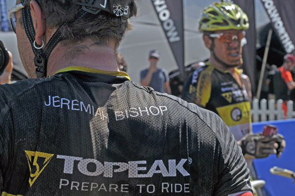 Racing for Team Topeak Ergon, Jeremiah Bishop with Erik Kleinhans in the background after finishing stage 1 of the 2016 ABSA Cape Epic. Photo: Dino Lloyd