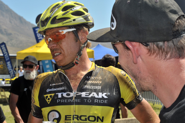 Team Topeak Ergon's Erik Kleinhans tired and dusty after finishing a particulary hot stage 1 of the 2016 ABSA Cape Epic.  Photo: Dino Lloyd