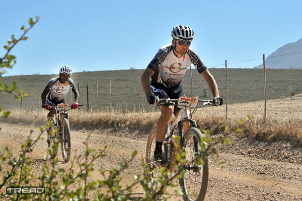 Christoph Sauser and Sipho Madolo of Team Investec songo Specialized, during stage 1 of the 2016 Absa Cape Epic Mountain Bike stage race held from Saronsberg Wine Estate in Tulbagh, South Africa on the 14th March 2016 Photo by