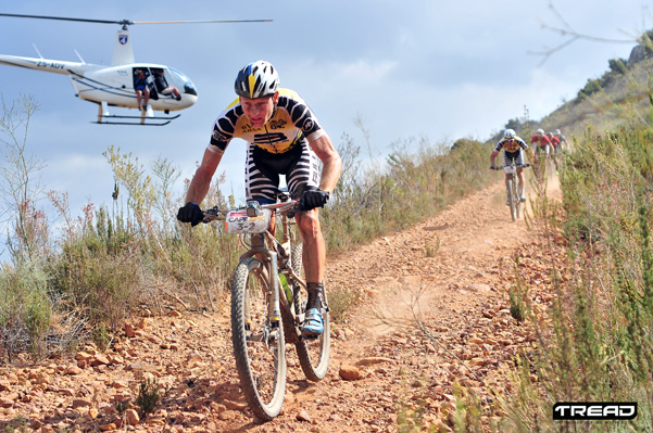 Urs Huber and Karl Platt of Team Bulls lead on a descent during stage 5 of the 2016 ABSA Cape Epic. Photo: Dino Lloyd