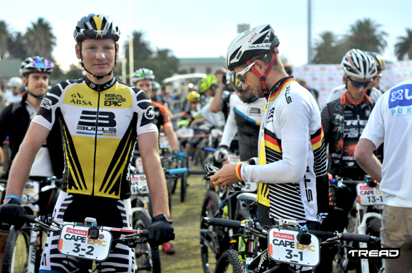 From left, Urs Huber and Karl Platt of Team Bulls on the start of stage 5 of the 2016 ABSA Cape Epic. Photo: Dino Lloyd